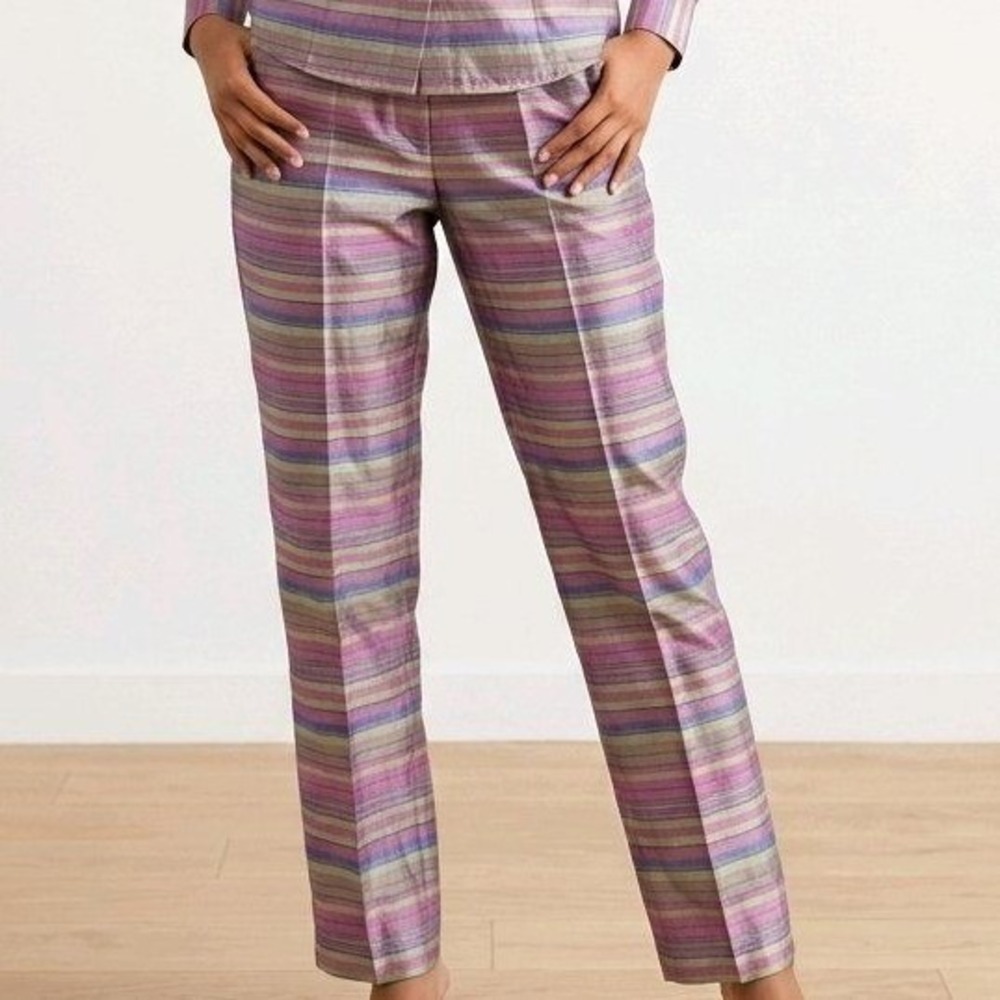 Anne Carson Pants 100% Silk Striped Multicolor‎ High Waisted Ankle Vintage 12